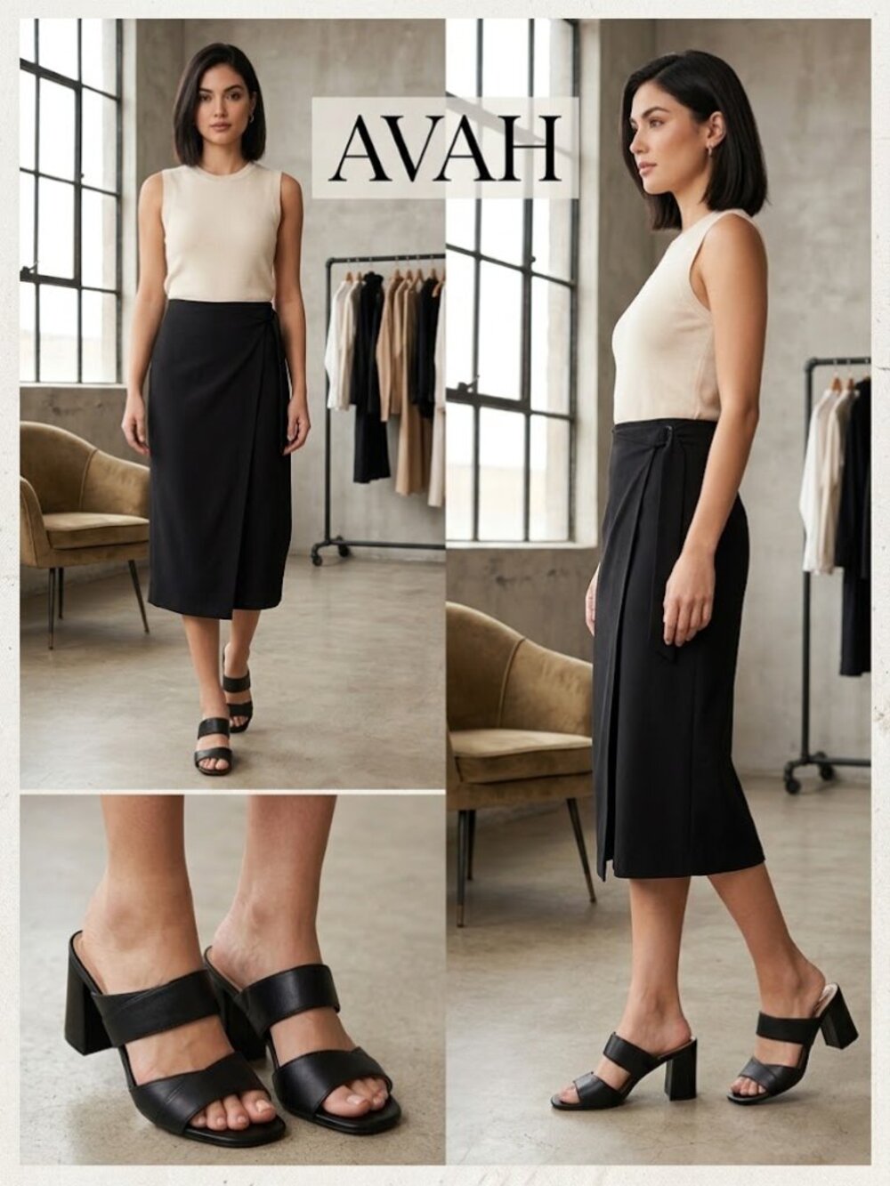 Adrienne Vittadini Black Leather Heeled Slip on Mules Sandals - Size 7 NEW